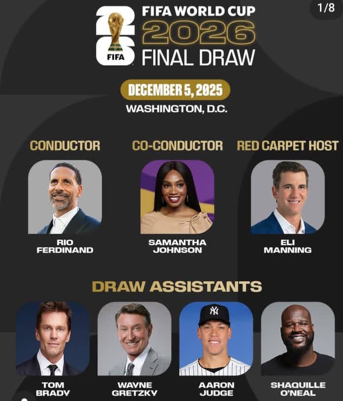 FIFA World Cup 2026 draw date.
Tom Brady World Cup draw.
Wayne Gretzky Shaquille O’Neal FIFA.
Rio Ferdinand World Cup 2026 draw.
World Cup 2026 draw assistants.
FIFA draw Kennedy Center.
World Cup 2026 48 teams format.
South Africa Pot 3 World Cup draw.
USA Mexico Canada host groups.
Aaron Judge World Cup draw.
World Cup 2026 draw procedure.
FIFA highest-ranked nations rule.
World Cup 2026 opening game date.
Draw assistants NFL NBA NHL MLB.
Gianni Infantino FIFA Peace Prize.
Tom Brady on World Cup draw.
Washington DC World Cup draw.
World Cup draw UEFA rule.
FIFA World Cup 2026 Pot allocation.
World Cup 2026 co-hosts groups.