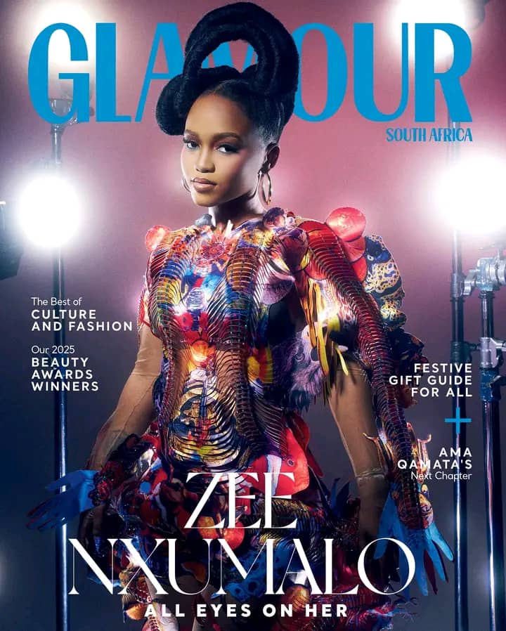 Zee Nxumalo Glamour Magazine cover 2025. Zee Nxumalo fashion and style 2025. Glamour SA December/January issue. Zee Nxumalo music career highlights. South African female artists on magazine covers.