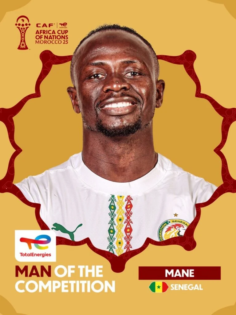 AFCON 2025 award winners. Sadio Mane Best Player. Brahim Diaz Golden Boot. Yassine Bounou Best Goalkeeper. Senegal vs Morocco final result. CAF individual awards 2025. list of CAF individual awards for AFCON 2025. Senegal’s Sadio Mané named Best Player. Brahim Díaz. Golden Boot. 