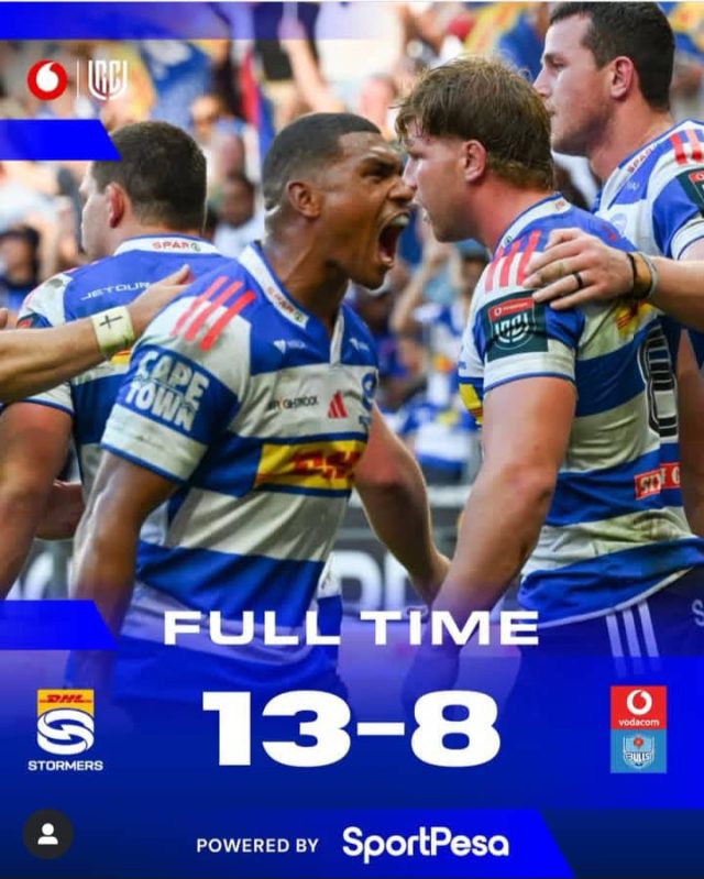 Stormers vs Bulls results 2026. Stormers beat Bulls 13-8, URC North-South derby highlights. Cape Town Stadium rugby scores. Sacha Feinberg-Mngomezulu vs Handre Pollard. John Dobson post-match. Stormers undefeated streak URC.