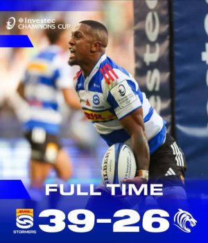 Feinberg-Mngomezulu Leads Stormers to Thrilling 39-26 Victory Over Leicester Tigers Stormers vs Leicester Tigers. Champions Cup 2026. Stormers Round of 16. Sacha Feinberg-Mngomezulu. DHL Stadium. Stormers vs Leicester Result. Jonathan Roche Man of the Match. Investec Champions Cup Pool 3 standings. Cape Town Rugby. Evan Roos.