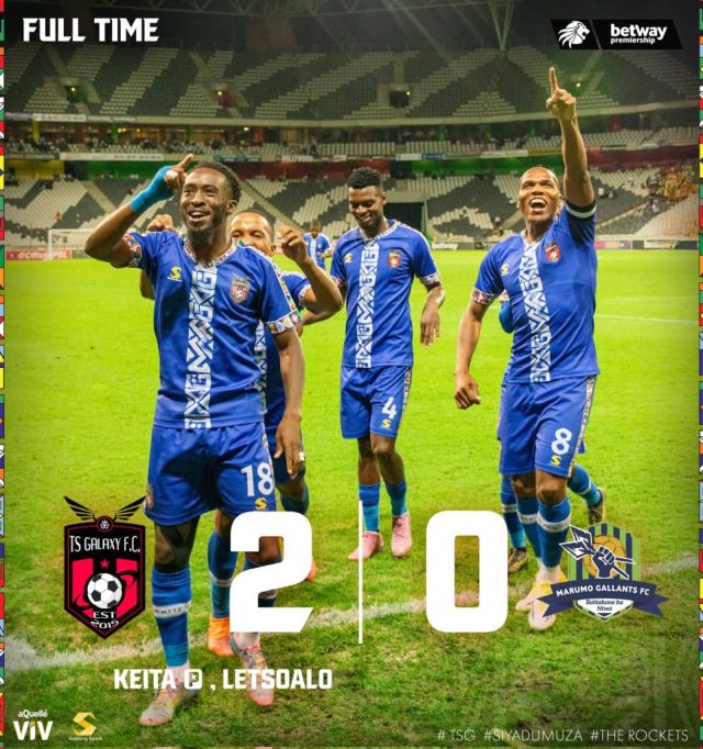 TS Galaxy vs Marumo Gallants. Betway Premiership results 2026. Junior Zindonga Man of the Match. Victor Letsoalo goal. TS Galaxy league standings. TS Galaxy 2-0 Marumo Gallants. The Rockets Climb to Top 5.