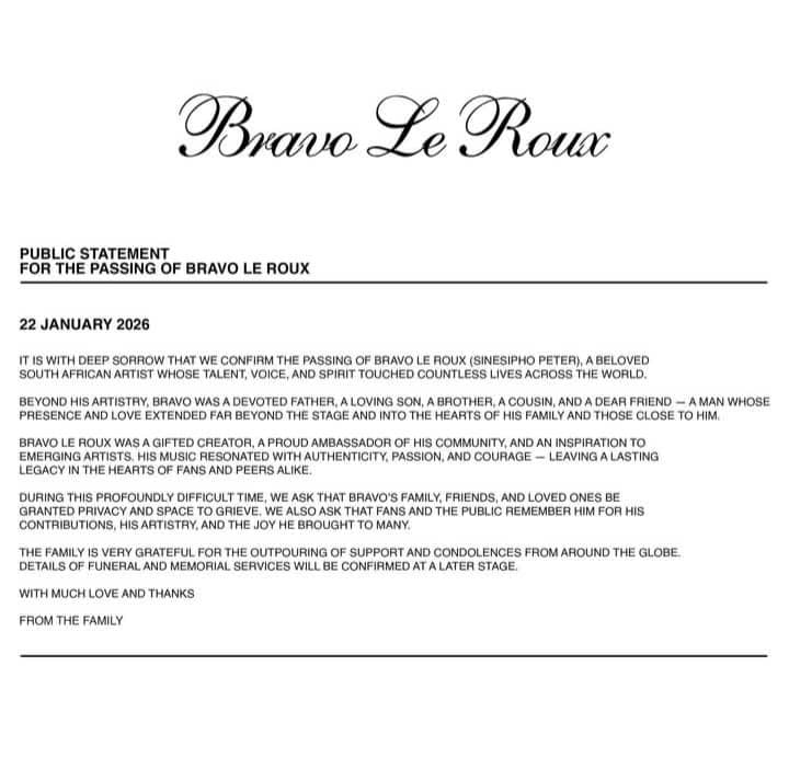 Bravo Le Roux death. Bravo Le Roux news. Sinesipho Peter passing. South African hip hop tragedy. Bravo Le Roux family statement. Khayelitsha rapper death. 