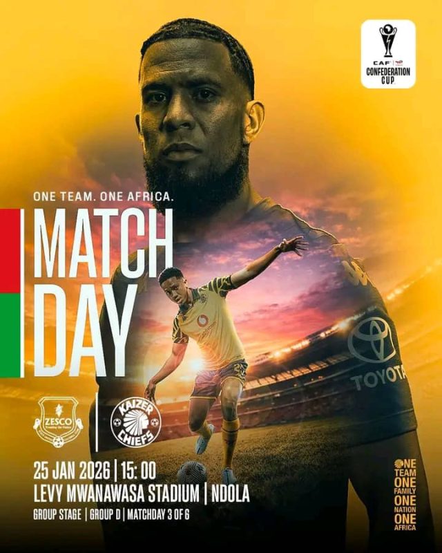 Kaizer Chiefs vs Zesco United 2026. CAF Confederation Cup Group D. Amakhosi news. Zesco United tickets Ndola. SABC 2 live football. CAFCC fixtures 2026. Levy Mwanawasa Stadium match today.