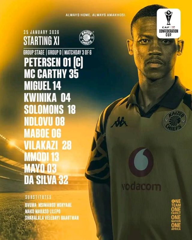 Kaizer Chiefs starting 11 vs Zesco United. CAF Confederation Cup Group D lineups. Brandon Petersen captain. Aden McCarthy Kaizer Chiefs debut. Khanyisa Mayo starting. Khalil Ben Youssef . Cedric Kaze coaches.