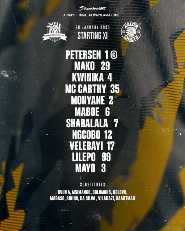 Kaizer Chiefs vs Marumo Gallants starting 11. Betway Premiership January 28 2026. Aden McCarthy Kaizer Chiefs goal. Khalil Ben Youssef Cedric Kaze news. Amakhosi vs Bahlabane ba Ntwa preview. Dr. Petrus Molemela Stadium live. Khanyisa Mayo debut goal history. PSL title race 2026.