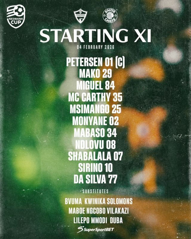 Kaizer Chiefs vs Stellenbosch starting lineup. Nedbank Cup Last 32 Chiefs team sheet. Brandon Petersen captain Kaizer Chiefs. Gaston Sirino Kaizer Chiefs 2026. Cedric Kaze tactical lineup. Mduduzi Shabalala starting 11.