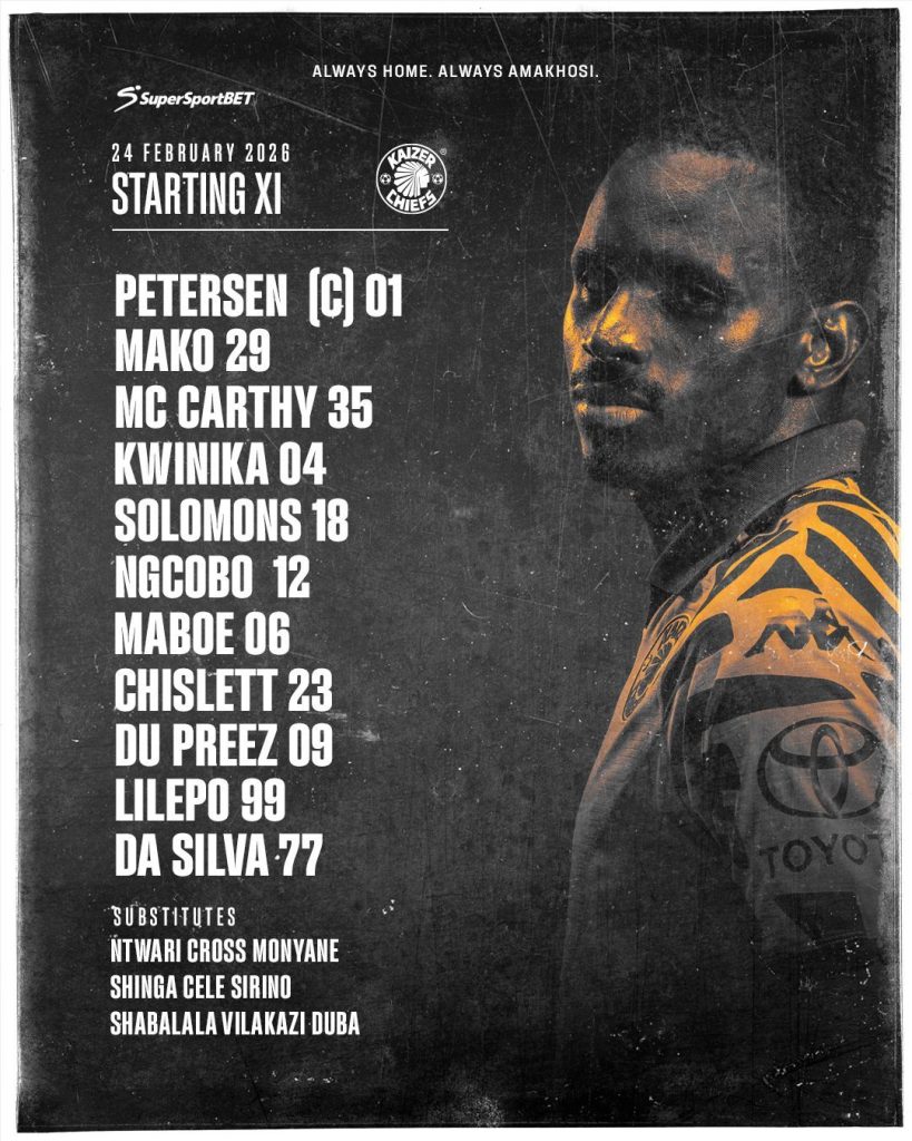 Kaizer Chiefs Starting 11. Betway Premiership 2026. Chiefs vs Stellenbosch. PSL Live Scores. Khalil Ben Youssef.