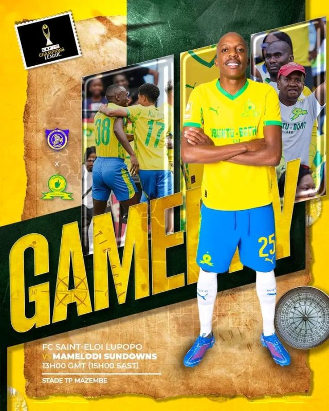 Mamelodi Sundowns vs FC Saint-Éloi Lupopo live. CAF Champions League results today. Sundowns match in DRC. Stade TP Mazembe fixtures 2026. SABC 2 live stream football. Mamelodi Sundowns line-up today.