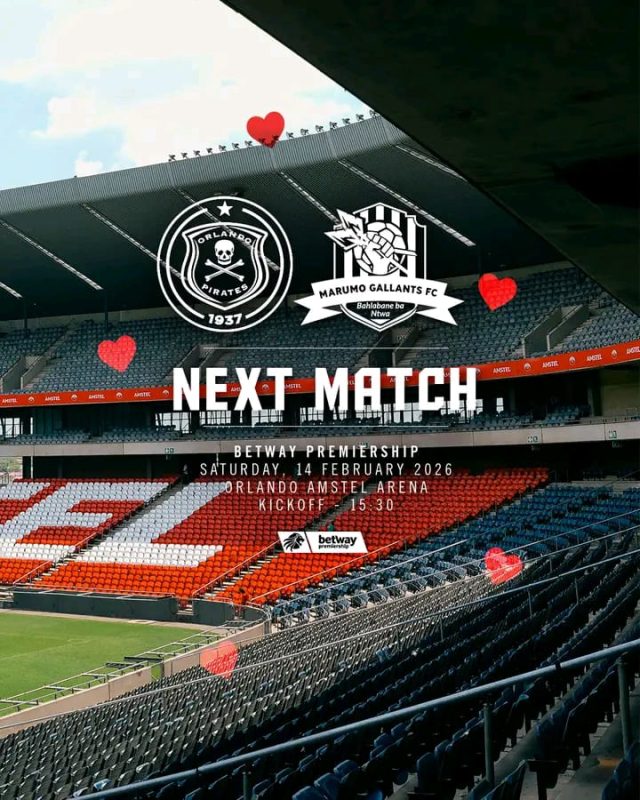 Orlando Pirates vs Marumo Gallants 2026. Pirates vs Gallants Valentine's Day match. Orlando Amstel Arena tickets. Abdeslam Ouaddou Orlando Pirates coach. Betway Premiership log standings Feb 2026. Relebohile Mofokeng form 2026.