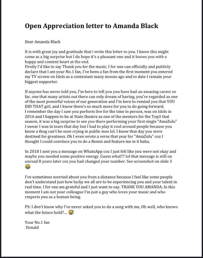 Donald open letter to Amanda Black 2026. Donald and Amanda Black collaboration. Amanda Black Amazulu performance State Theatre. Donald WhatsApp message Amanda Black. South African R&B news. Amanda Black Idols SA journey. Donald singer latest news.