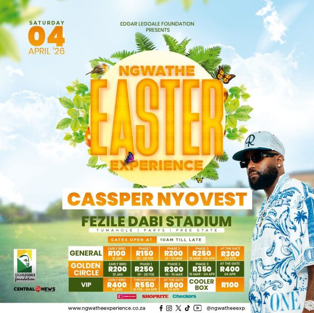 Parys Free State music festival 2026. Fezile Dabi Stadium Easter show. Boohle Aymos Free State event. Cassper Nyovest Parys concert. Ngwathe Easter Experience 202.