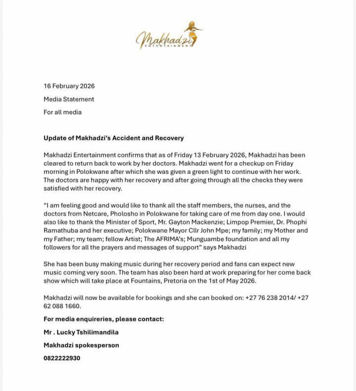 Makhadzi cleared to work. Makhadzi return to work. Makhadzi Fountains Pretoria show 2026. Ndivhudzannyi Ralivhona recovery. Makhadzi new music. Makhadzi accident update