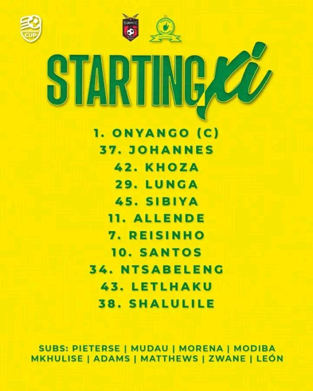 Peter Shalulile starting. Denis Onyango Nedbank Cup. Sundowns lineup today. Solomon Mahlangu Stadium. Nedbank Cup Round of 16. Mamelodi Sundowns vs TS Galaxy Starting XI