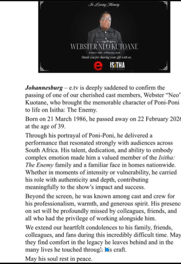 Webster Neo Kutoane death. Isitha The Enemy actor dies. Poni-Poni Isitha. Black Brain Pictures tribute. South African actors who died 2026.