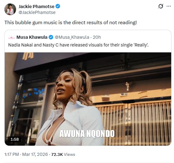 Jackie Phamotse Nadia Nakai Really. Nadia Nakai Nasty C new song 2026Jackie Phamotse viral rant X. . SA Hip Hop news 2026. Nasty C Really music video. South African celebrity feuds. Nadia Nakai career criticism.