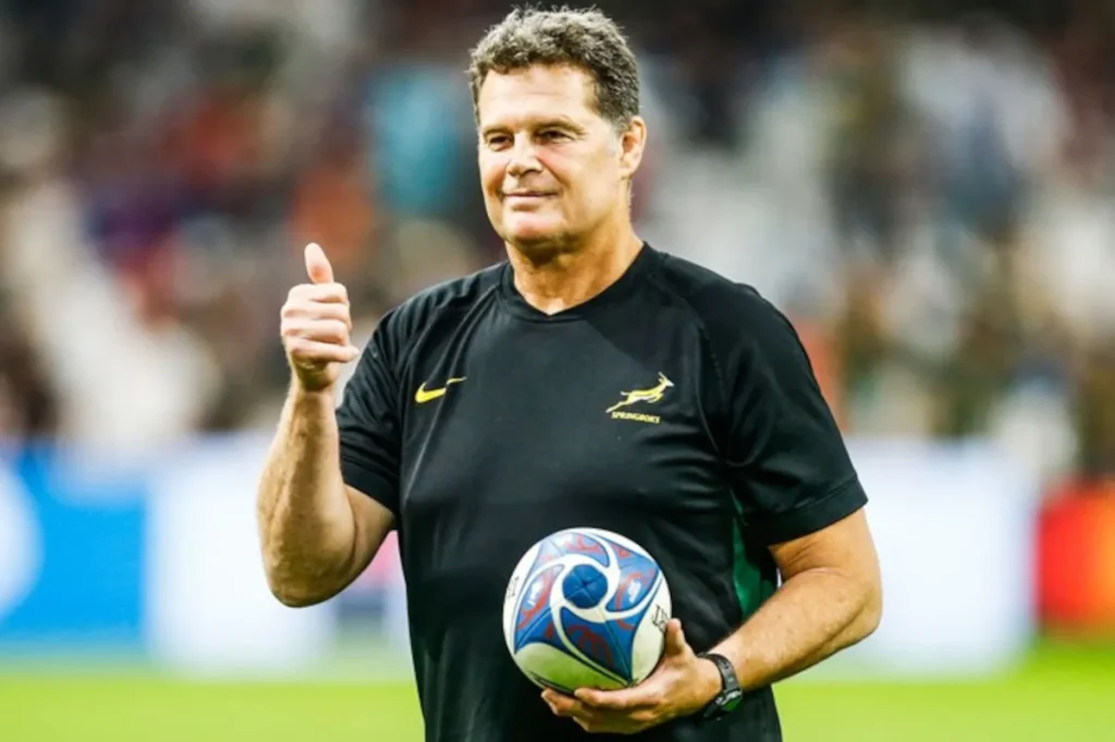 Rassie Erasmus AI rugby innovation. Springboks Samsung Galaxy AI partnership. Gilbert Smart Ball technology. Rugby injury prediction AI. Outfox performance review rugby. High-performance rugby data analytics. Springboks 2027 World Cup planning.