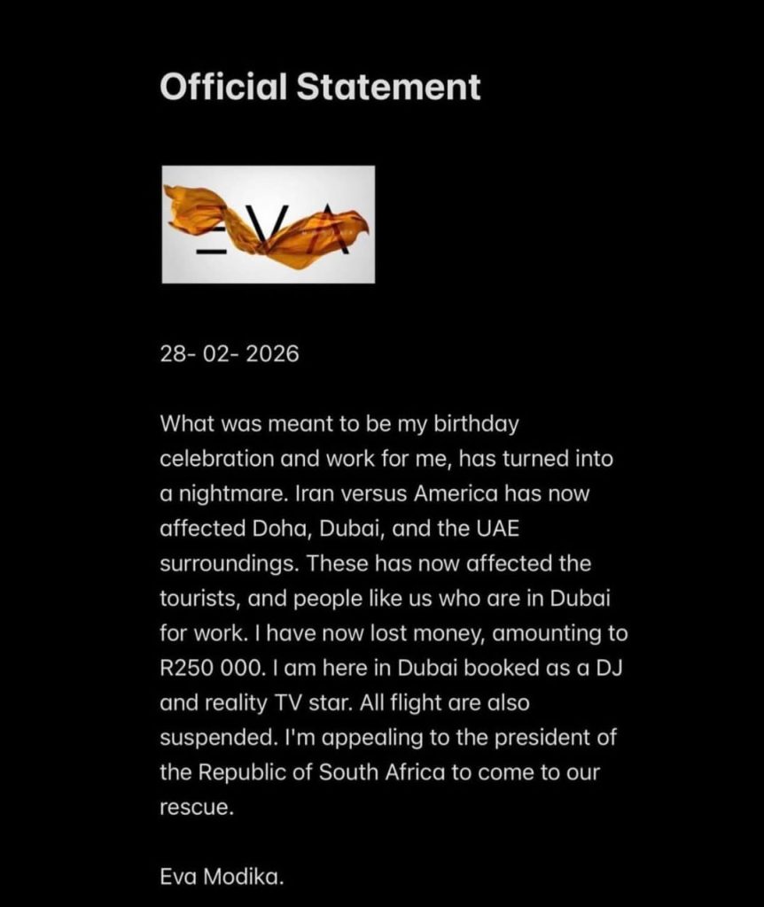 Iran vs USA Conflict Travel 2026. South African Socialite R250k Loss Dubai War. President Ramaphosa Rescue Plea. Eva Modika. Eva Modika Stranded in Dubai.