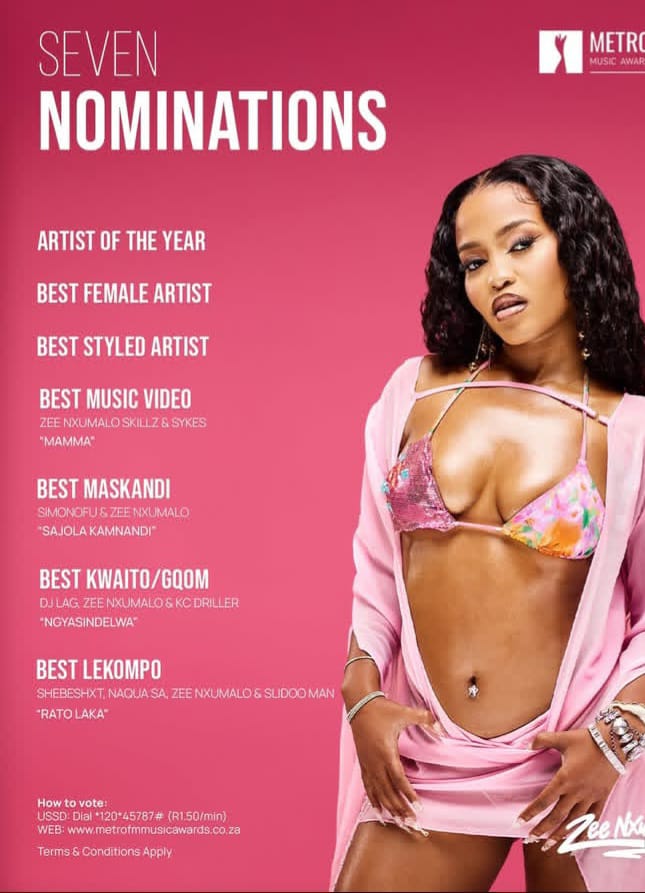 Metro FM Artist of the Year 2026. Zee Nxumalo Mamma video. South African music awards news. Zee Nxumalo genres. Zee Nxumalo Metro FM Music Awards 2026. MMA26 nominations. Zee Nxumalo 7 nominations.