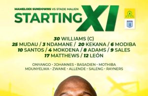 Mamelodi Sundowns Team News | CAF Champions League vs. Stade Malien Mamelodi Sundowns. Stade Malien. Starting Lineup. CAF Champions League. Ronwen Williams. Tebogo Mokoena. Masandawana News.