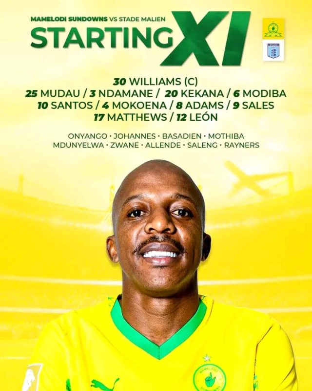 Mamelodi Sundowns. Stade Malien. Starting Lineup. CAF Champions League. Ronwen Williams. Tebogo Mokoena. Masandawana News.