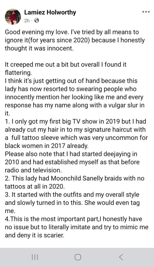 Lamiez Holworthy lookalike drama. @ruralzulugirl_stylist TikTok. Lamiez Holworthy tattoos and hair. South African celebrity feuds 2026. Metro FM DJ news. Lamiez Holworthy style receipts. ruralzulugirl_stylist vs Lamiez.