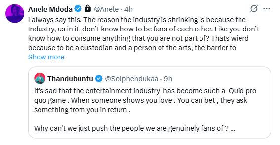 South African media personalities. industry stagnation, supporting local talent. Sol Phenduka Twitter commentary. Sol Phenduka Anele Mdoda transactional culture. SA entertainment industry news. quid pro quo entertainment industry. Anele Mdoda entertainment support.