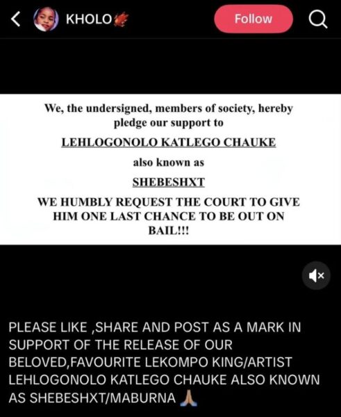 Shebeshxt bail petition. Kholofelo Chuene TikTok. Shebeshxt news 2026. Lehlogonolo Katlego Chauke legal case. Lekompo music South Africa. Shebeshxt girlfriend appeal. South African celebrity bail news.
