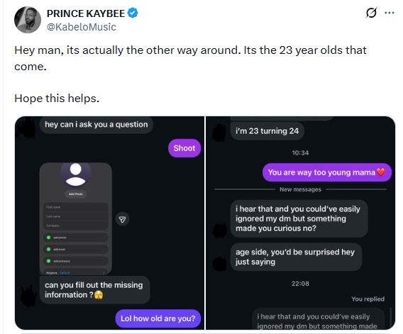 Prince Kaybee. Prince Kaybee DMs. South African Music News. Prince Kaybee Age Gap Debate. Celebrity Dating Drama SA. Prince Kaybee X Post. Zalebs News 2026, Dating Double Standards. Prince Kaybee Screenshots, 23-year-old DM.