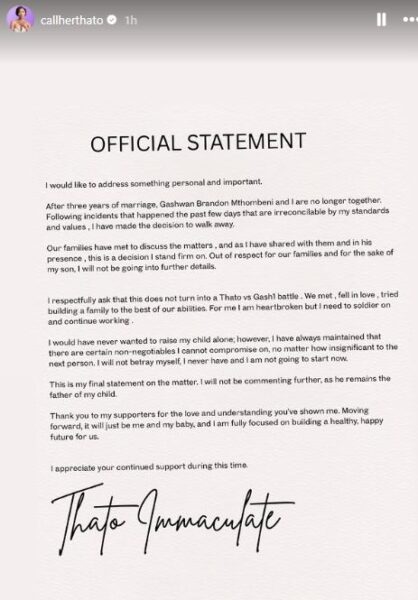 Thato Immaculate. Gash1. Big Brother Mzansi. Thato and Gash1 Divorce, Mzansi Celeb News. Thato Immaculate Statement.