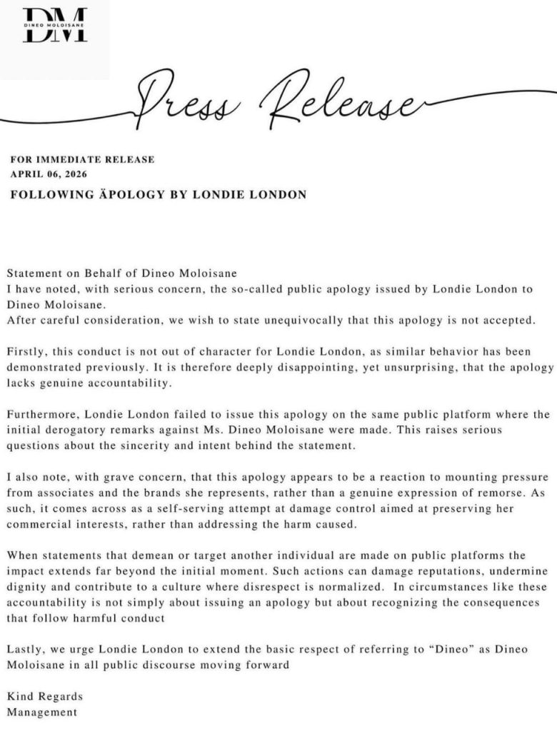 Dineo Moloisane rejects Londie London apology. Dineo Moloisane Londie London drama 2026. Dineo Moloisane Instagram response. Londie London apology insincere. SA celebrity feud updates. Dineo Moloisane YouTube exposé. Podcast and Chill body-shaming.