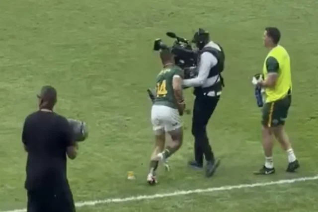 Cheslin Kolbe cameraman collision video Springboks vs Barbarians 2026 highlights, Cheslin Kolbe injury update, Kolbe scrumhalf cameo, Springbok rugby news, viral rugby clips. Shocking Moment Cameraman Collides With Cheslin Kolbe vs Barbarians. Cheslin Kolbe cameraman collision video