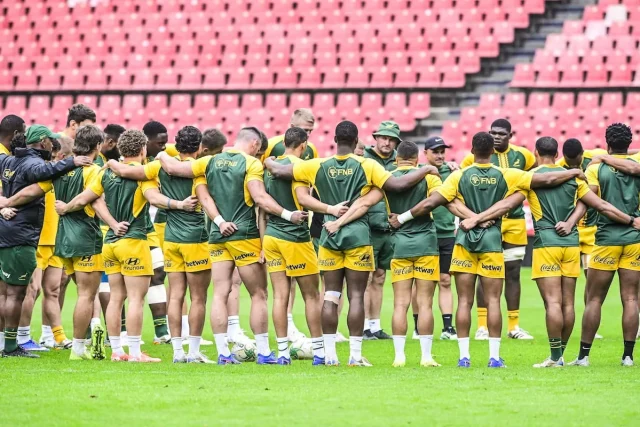 Springboks vs Barbarians 2026 line up Quan Horn flyhalf Springboks, Rassie Erasmus team selection, Luan Giliomee SA A fullback, Springboks singing video training, Andre Esterhuizen Jesse Kriel midfield, SuperSport rugby broadcast times SA A. Springboks vs Barbarians 2026 line up