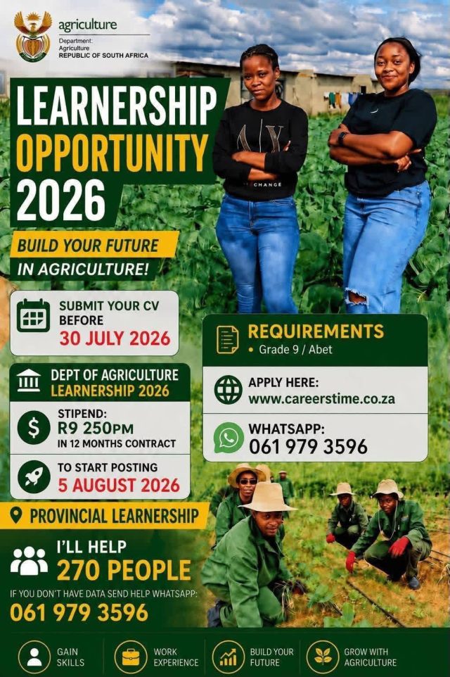 CareersTime learnerships, provincial agricultural training, youth employment South Africa, government skills development. Department of Agriculture learnership 2026, General worker learnership, R9250 stipend learnership, Grade 9 jobs South Africa, ABET learnerships