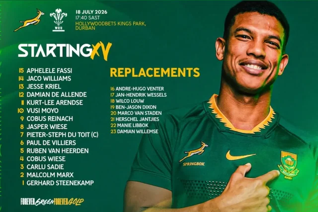 Springbok team named vs Wales 2026, Vusi Moyo starting flyhalf debut, Rassie Erasmus team selection Durban, Springbok injury update Pollard Etzebeth, Nations Championship match day squad. Massive Call: Rassie Names Uncapped Vusi Moyo at Flyhalf for Wales Test. Springbok coach Rassie Erasmus has named an experimental squad to face Wales in Durban, handing Test debuts to Vusi Moyo, Jaco Williams, and Carlu Sadie.