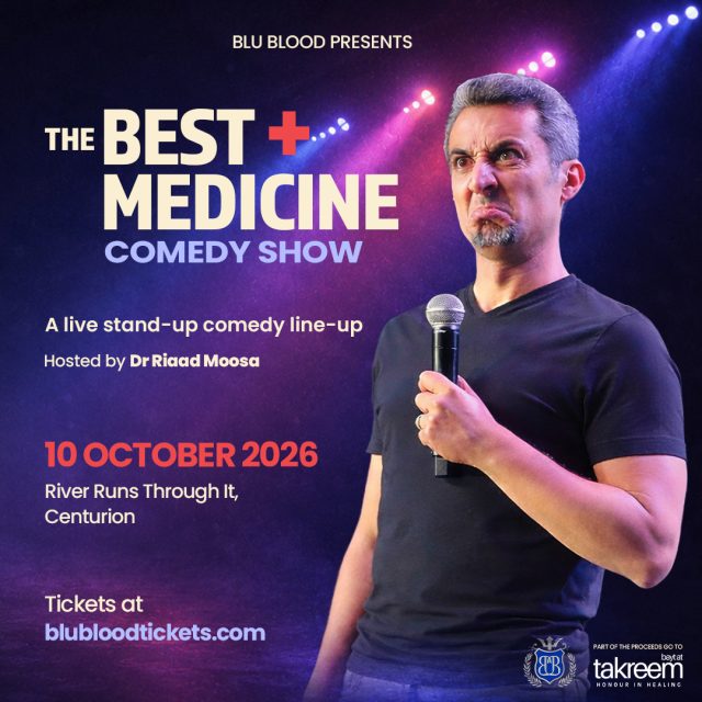 Riaad Moosa comedy, The Best Medicine Comedy, Emperors Palace events, Theatre of Marcellus, Blu Blood tickets. South African comedians, Joburg comedy shows, live stand-up comedy SA, Riaad Moosa 2026 tour, Emperors Palace shows.