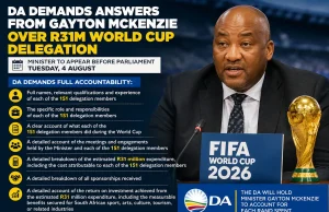 Gayton McKenzie Faces Heat Over Estimated R31 Million FIFA World Cup Delegation Gayton McKenzie, FIFA World Cup 2026 spending, R31 million delegation, Department of Sport Arts Culture, DA Parliament, South Africa public expenditure. Gayton McKenzie Parliament Hearing: R31m FIFA World Cup Delegation