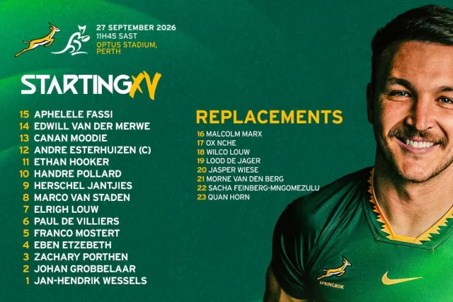Springboks vs Wallabies. Springboks vs Australia, Springboks team, Wallabies team, Springboks Wallabies kick-off time, Springboks Wallabies 2026, Springboks team news, Wallabies team news, Andre Esterhuizen captain, Eben Etzebeth, Jasper Wiese 50th cap, Optus Stadium, Perth Test, Springboks fixtures