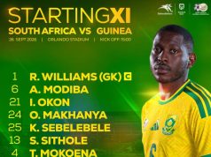 Pitso Mosimane names the first Bafana Bafana starting XI of the second tenure Bafana Bafana starting XI vs Guinea. Pitso Mosimane, Bafana Bafana vs Guinea, Bafana starting lineup, South Africa vs Guinea, Ronwen Williams, Relebohile Mofokeng, Iqraam Rayners, Teboho Mokoena, Bafana Bafana team