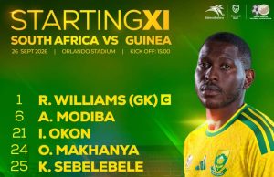 Pitso Mosimane names the first Bafana Bafana starting XI of the second tenure Bafana Bafana starting XI vs Guinea. Pitso Mosimane, Bafana Bafana vs Guinea, Bafana starting lineup, South Africa vs Guinea, Ronwen Williams, Relebohile Mofokeng, Iqraam Rayners, Teboho Mokoena, Bafana Bafana team