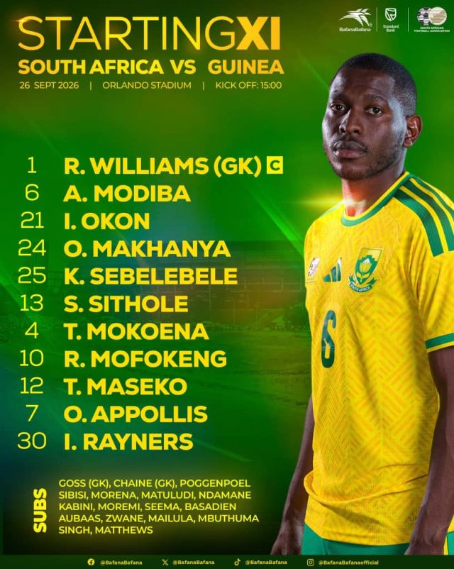 Bafana Bafana starting XI vs Guinea. Pitso Mosimane, Bafana Bafana vs Guinea, Bafana starting lineup, South Africa vs Guinea, Ronwen Williams, Relebohile Mofokeng, Iqraam Rayners, Teboho Mokoena, Bafana Bafana team