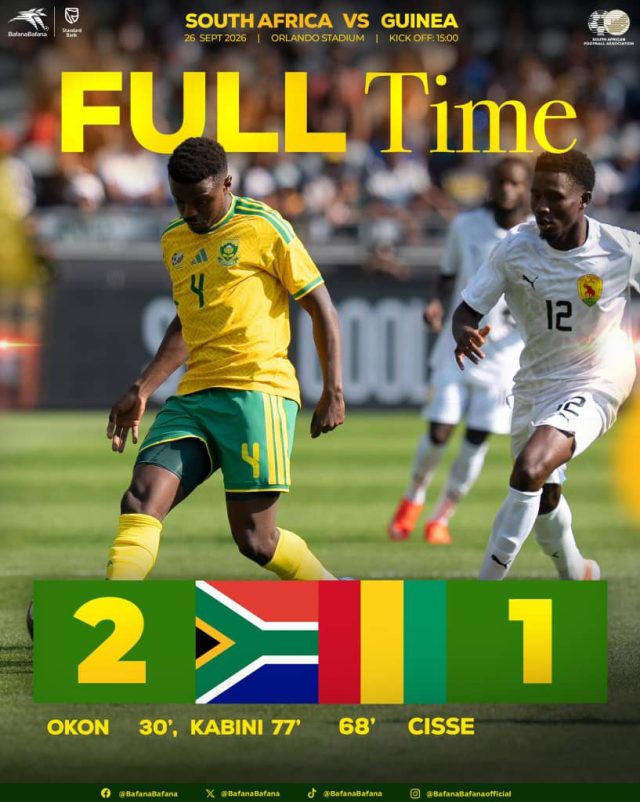 Bafana Bafana Top Group D After 2-1 Win Over Guinea Bafana Bafana top Group D. Bafana Bafana vs Guinea. South Africa vs Guinea. Pitso Mosimane. Ime Okon. Samukelo Kabini. AFCON 2027 qualifiers. Group D. Bafana Bafana latest. Orlando Stadium. South Africa football