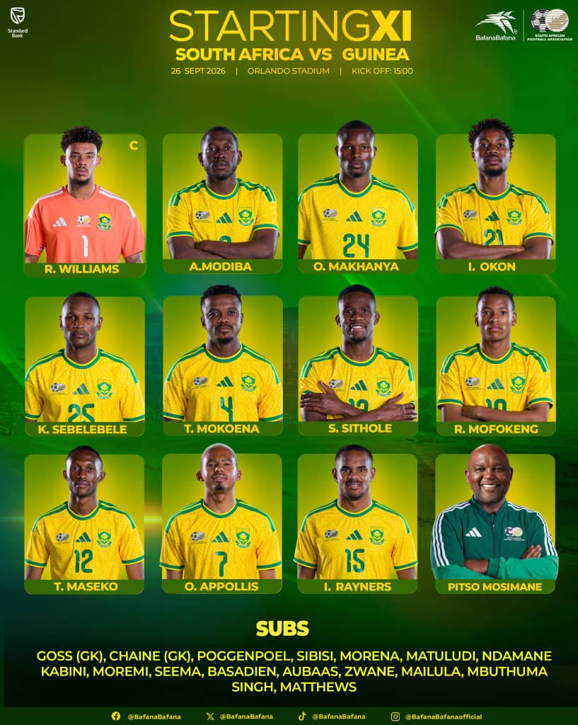 Bafana Bafana starting XI vs Guinea. Pitso Mosimane, Bafana Bafana vs Guinea, Bafana starting lineup, South Africa vs Guinea, Ronwen Williams, Relebohile Mofokeng, Iqraam Rayners, Teboho Mokoena, Bafana Bafana team